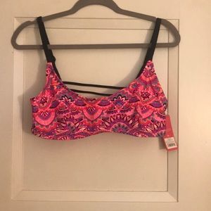 pink colorful print black strap bikini top XL NWT